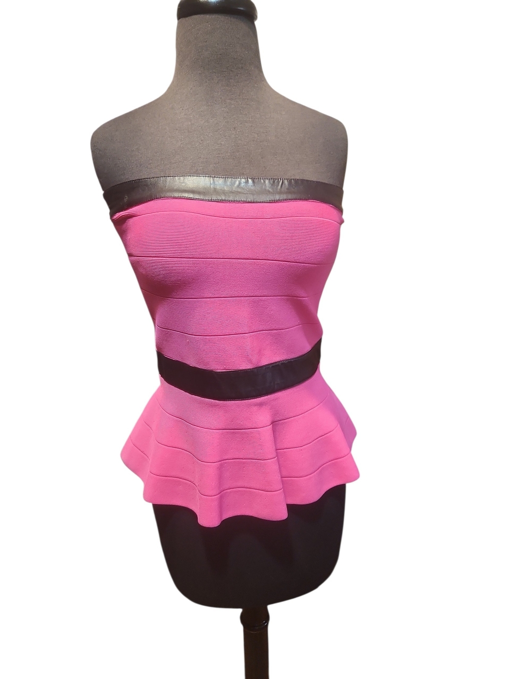 bebe Hot Pink Strapless Peplum Top with Black Label Med
